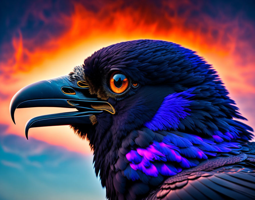 Close-up of a vibrant raven with blue and purple feathers against fiery sunset sky