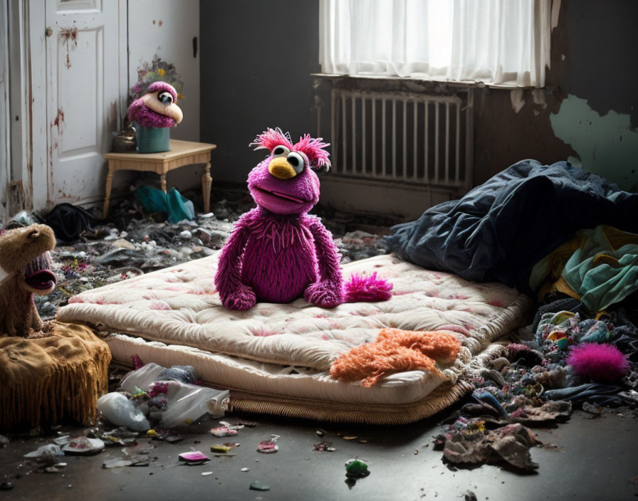 Messy Room with Mattress, Litter, and Sad Purple Character