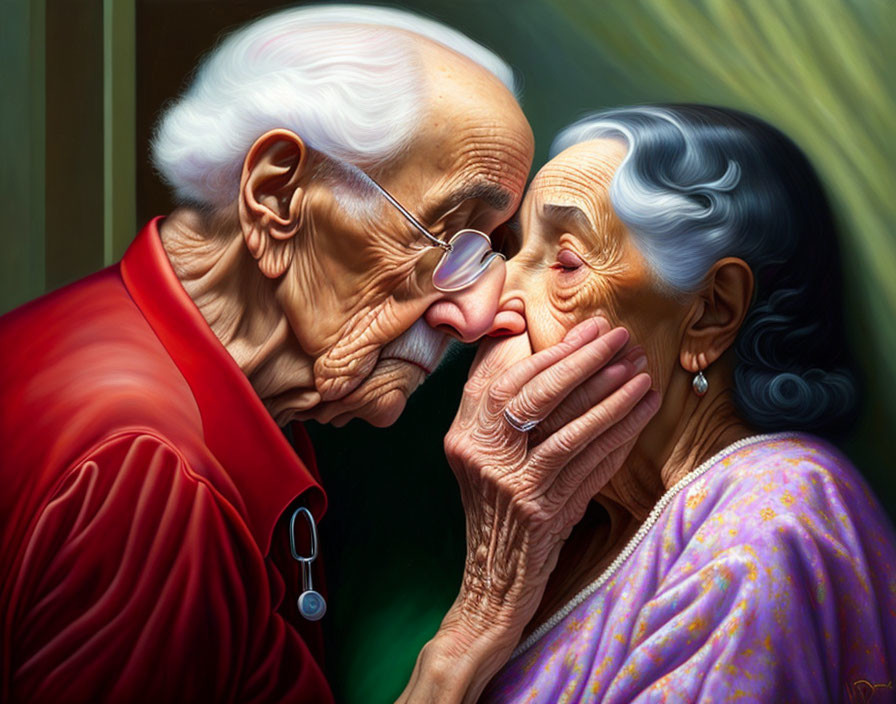 Elderly couple in glasses sharing intimate moment of affection