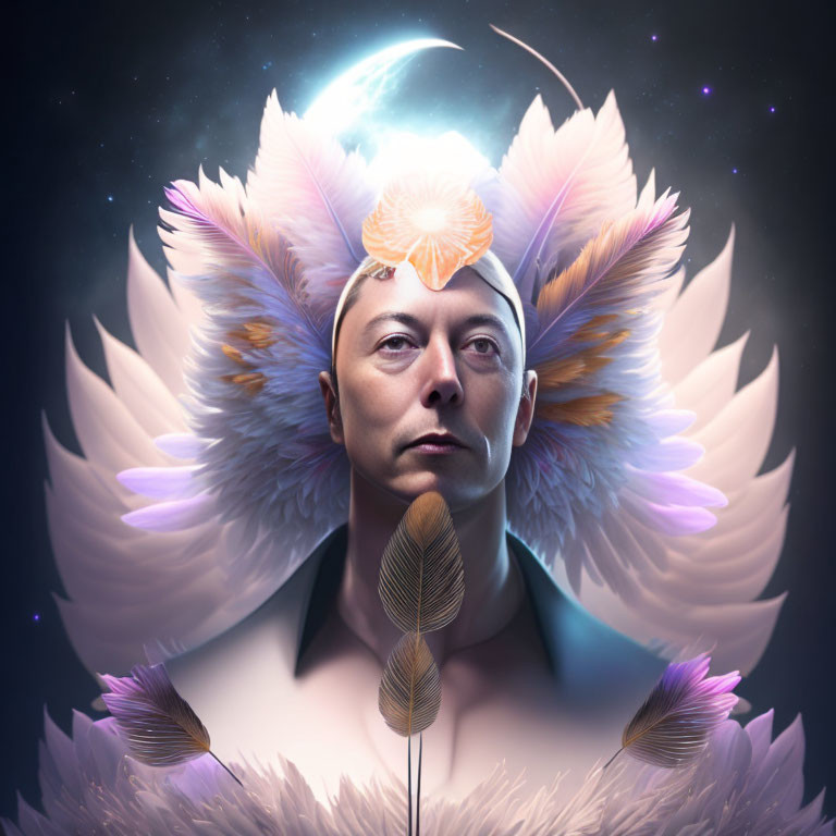 Person with Feather Headdress and Moon Halo in Surreal Portrait