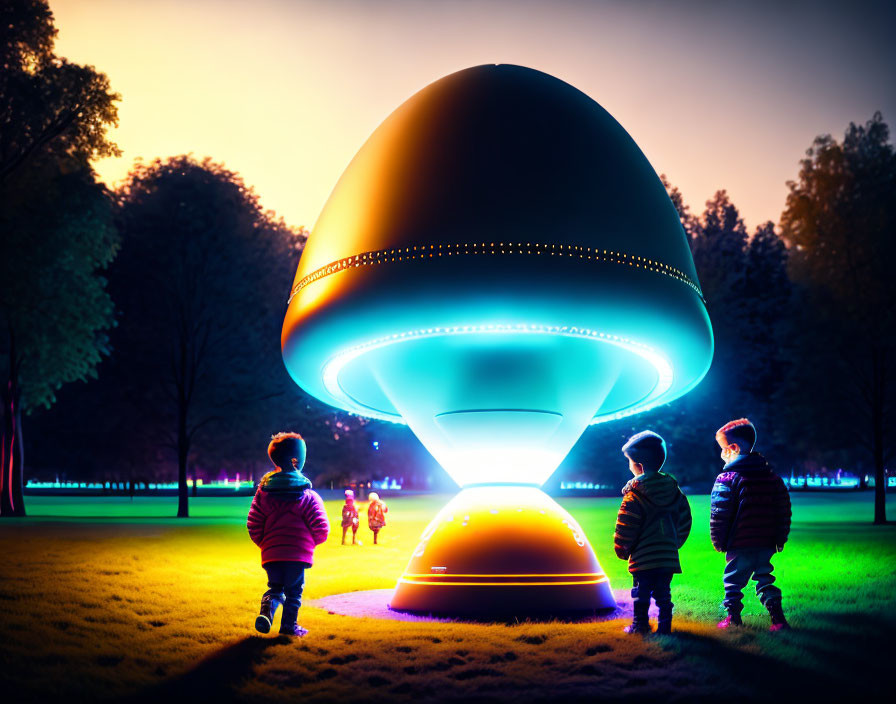 Children in park at night with UFO and figure in silhouette