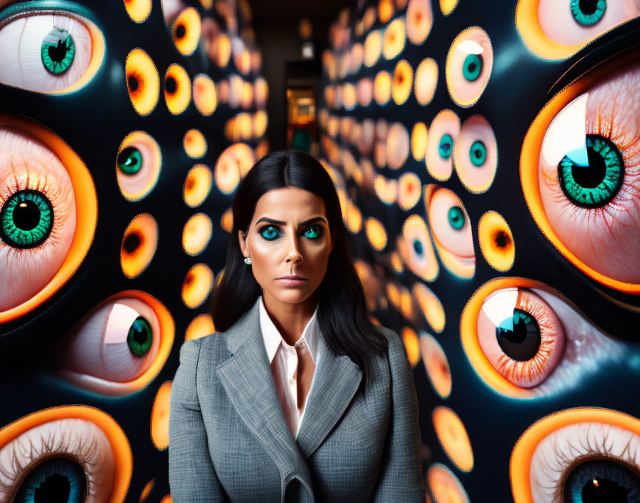 Striking green-eyed woman in surreal eye backdrop