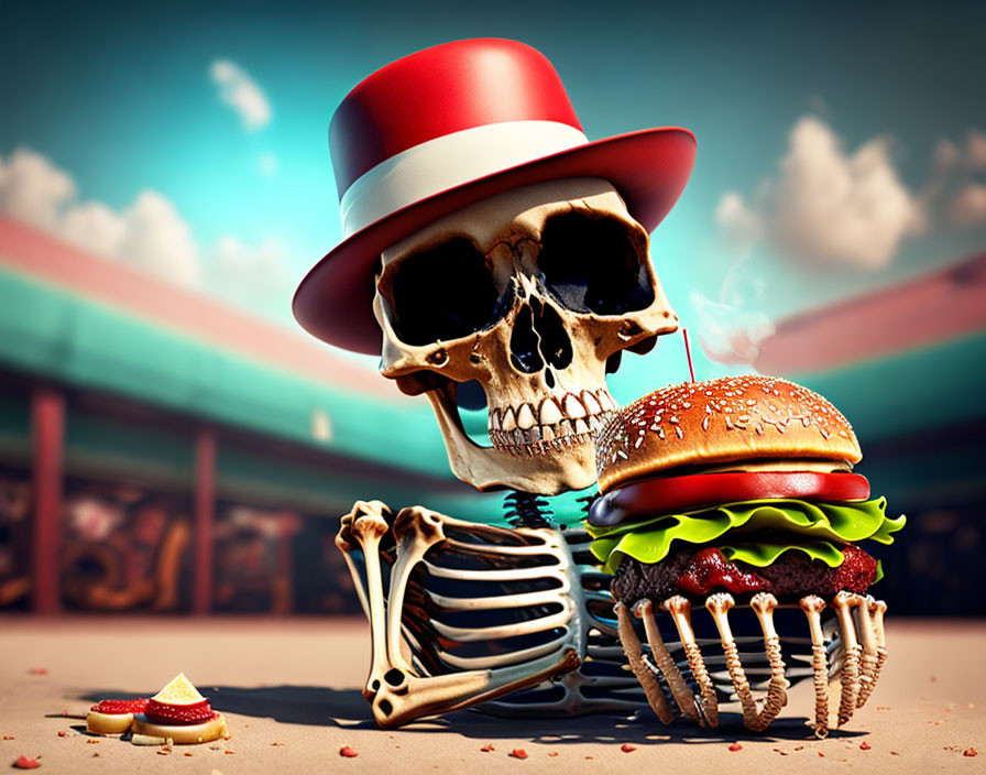 Stylized skull with red and white hat holding hamburger and pizza slice