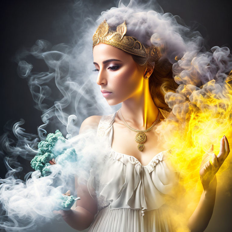 Woman in vintage dress with crown in swirling mist.