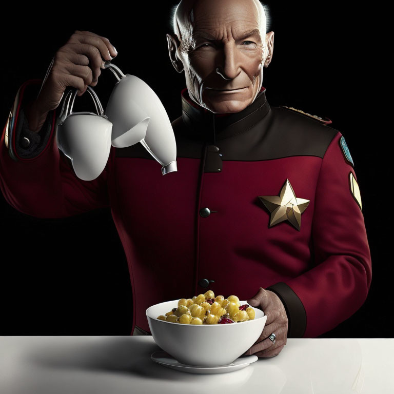 Uniformed person pours milk into cereal bowl against dark backdrop