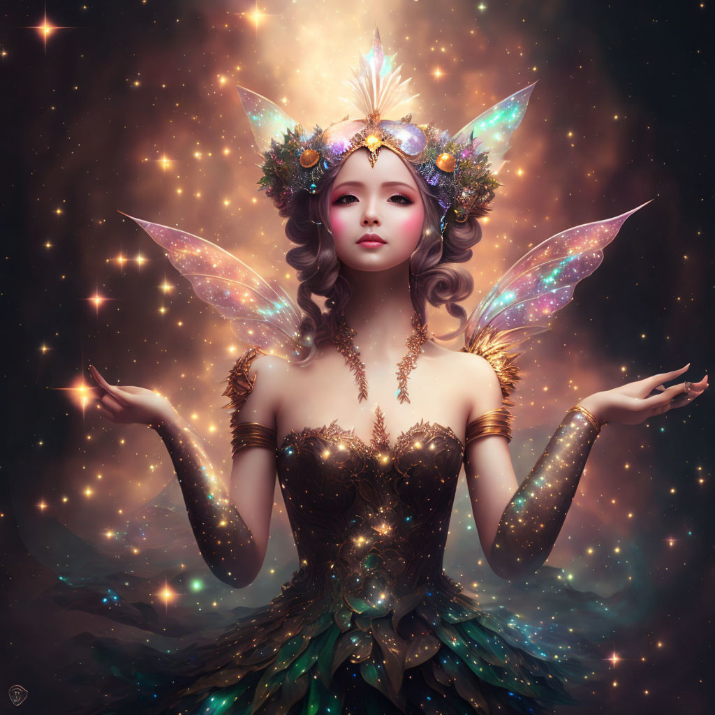 Whimsical fairy with sparkling wings and flower crown in starry setting