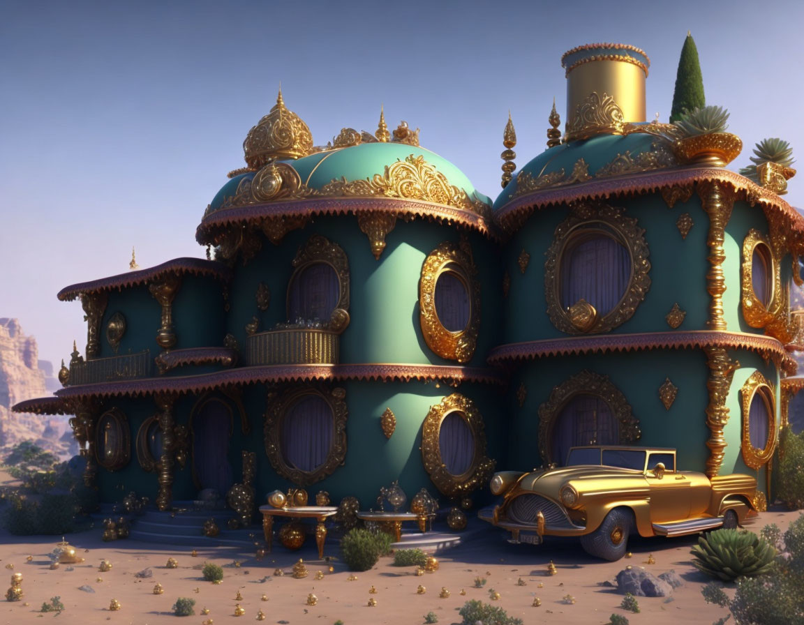 Fantasy-style blue building with golden accents in desert setting with classic car