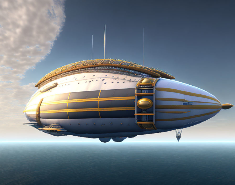 Futuristic gold and blue airship over serene ocean