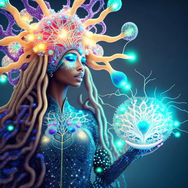 Vibrant digital artwork: Woman with coral headdress and glowing orb