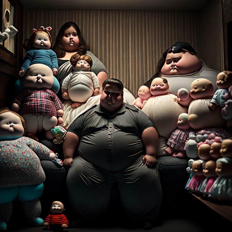 Chubby Cartoon Characters and Dolls in Cramped Room