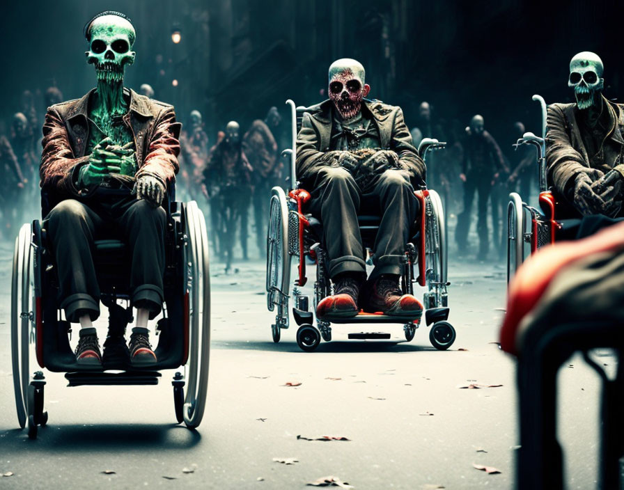 Menacing skeletal figures in wheelchairs on foggy street