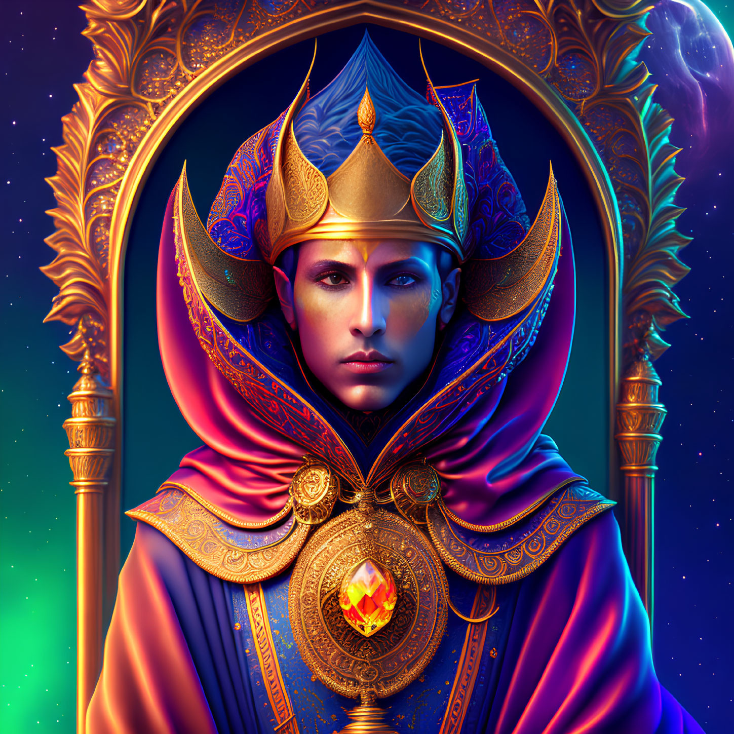 Regal Figure in Golden and Blue Attire with Gemstone on Cosmic Background