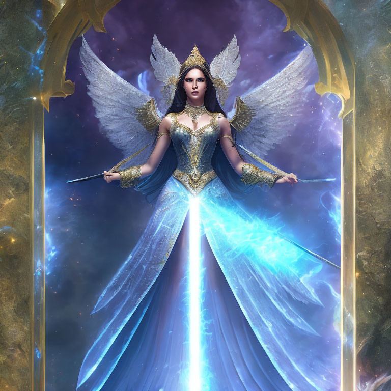 Majestic figure with white wings and luminous staff in regal attire under golden arch.