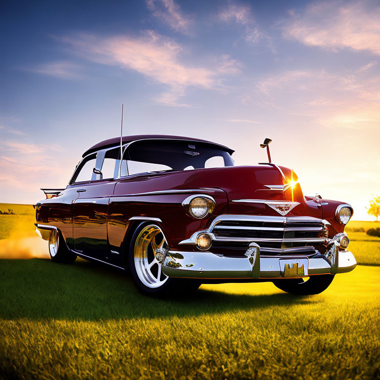 Vintage Classic Car with Chrome Details in Sunset Setting