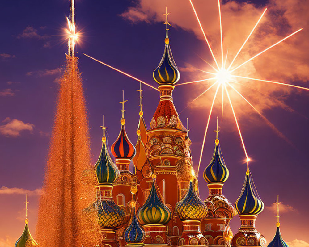 Colorful domes of Saint Basil's Cathedral in Moscow with vibrant sunset sky and fireworks