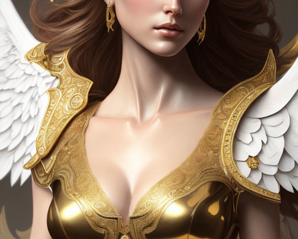 Illustrated female figure with angelic wings in golden armor and gem-encrusted tiara