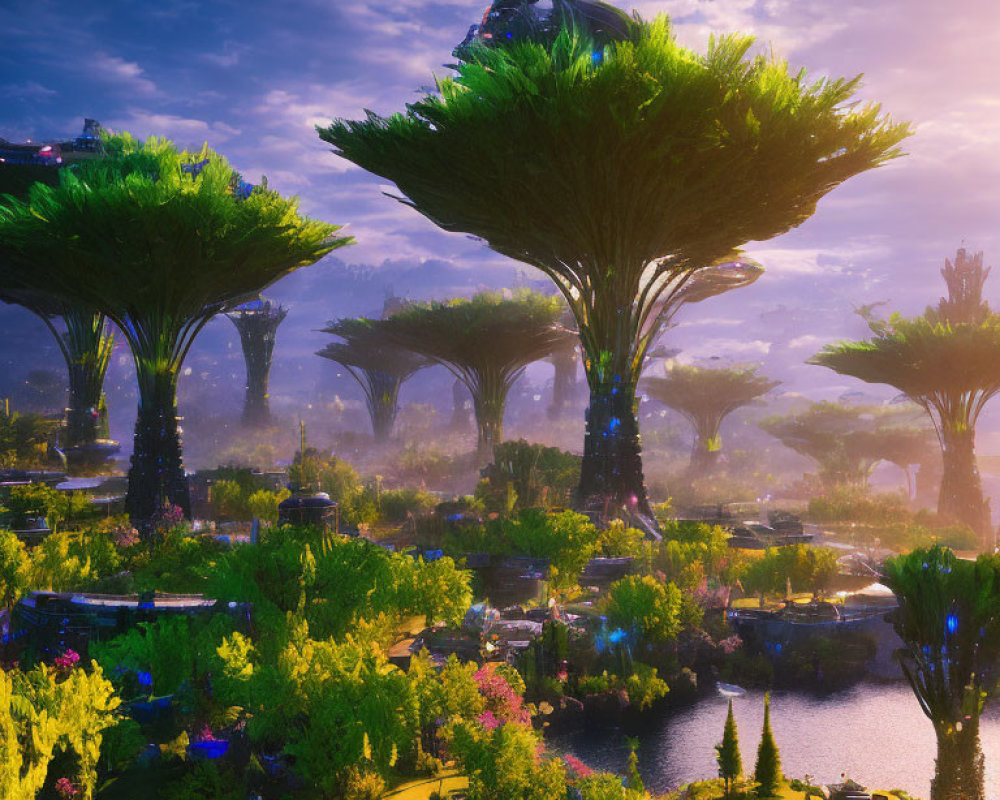 Fantastical landscape with oversized tree-like structures and mystical city in lush vegetation.