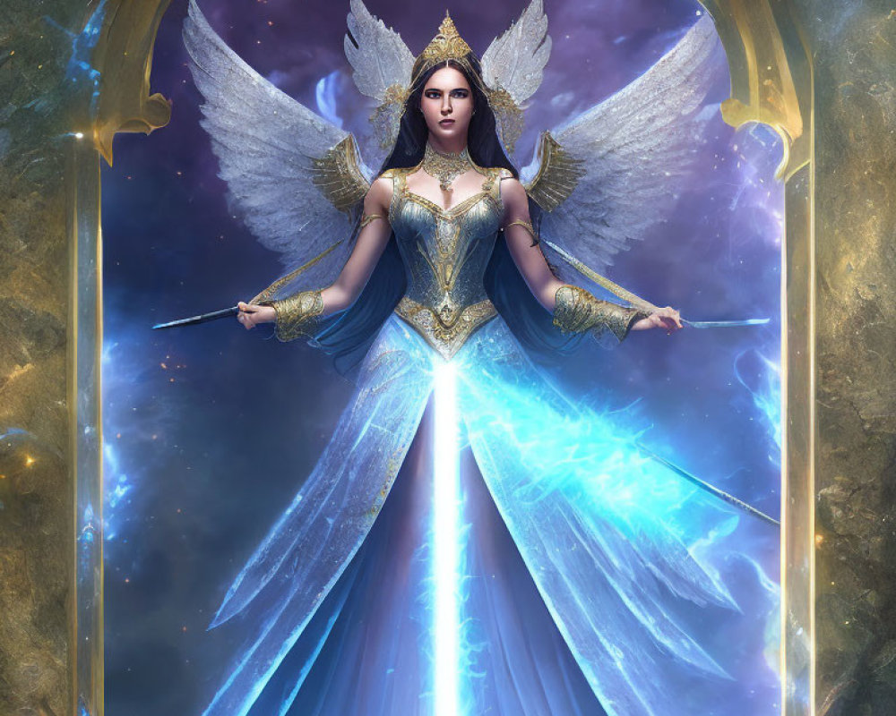 Majestic figure with white wings and luminous staff in regal attire under golden arch.