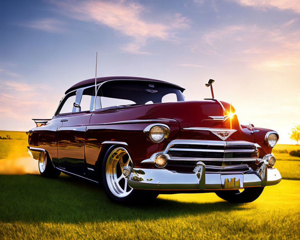 Vintage Classic Car with Chrome Details in Sunset Setting