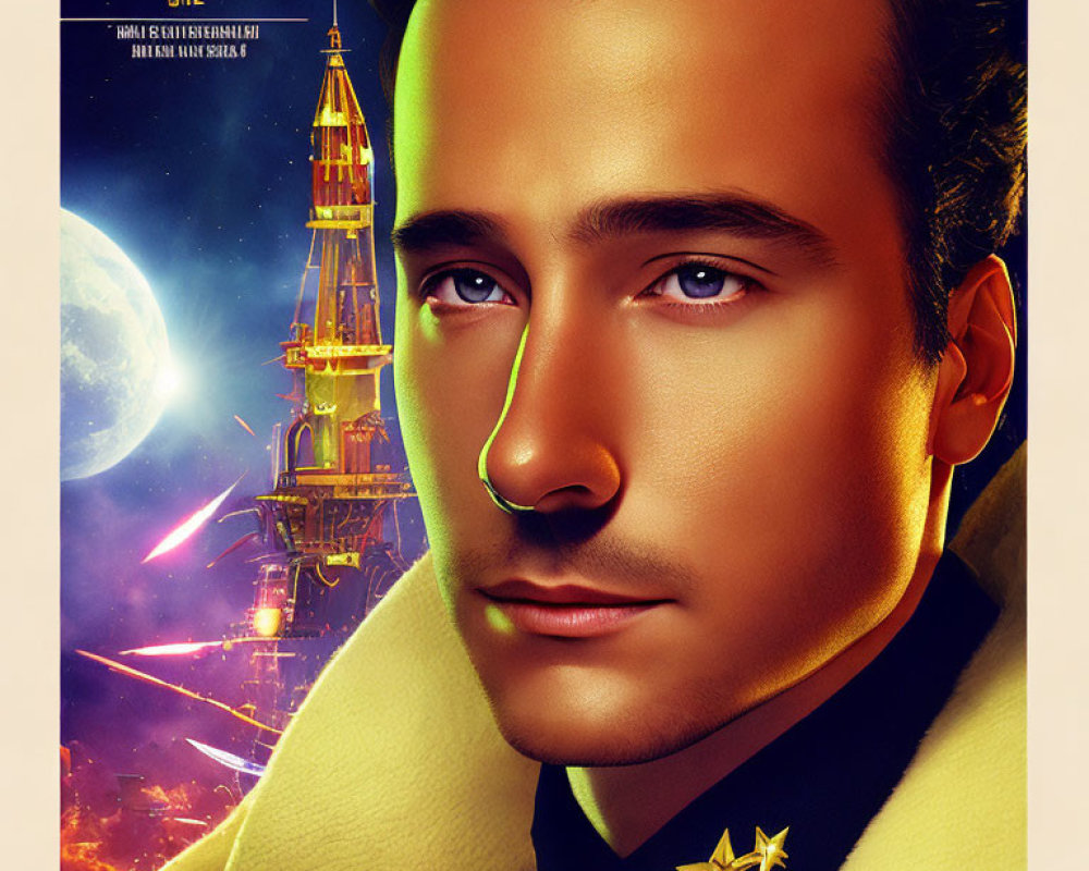 Sci-fi themed movie poster with male character close-up and futuristic tower.