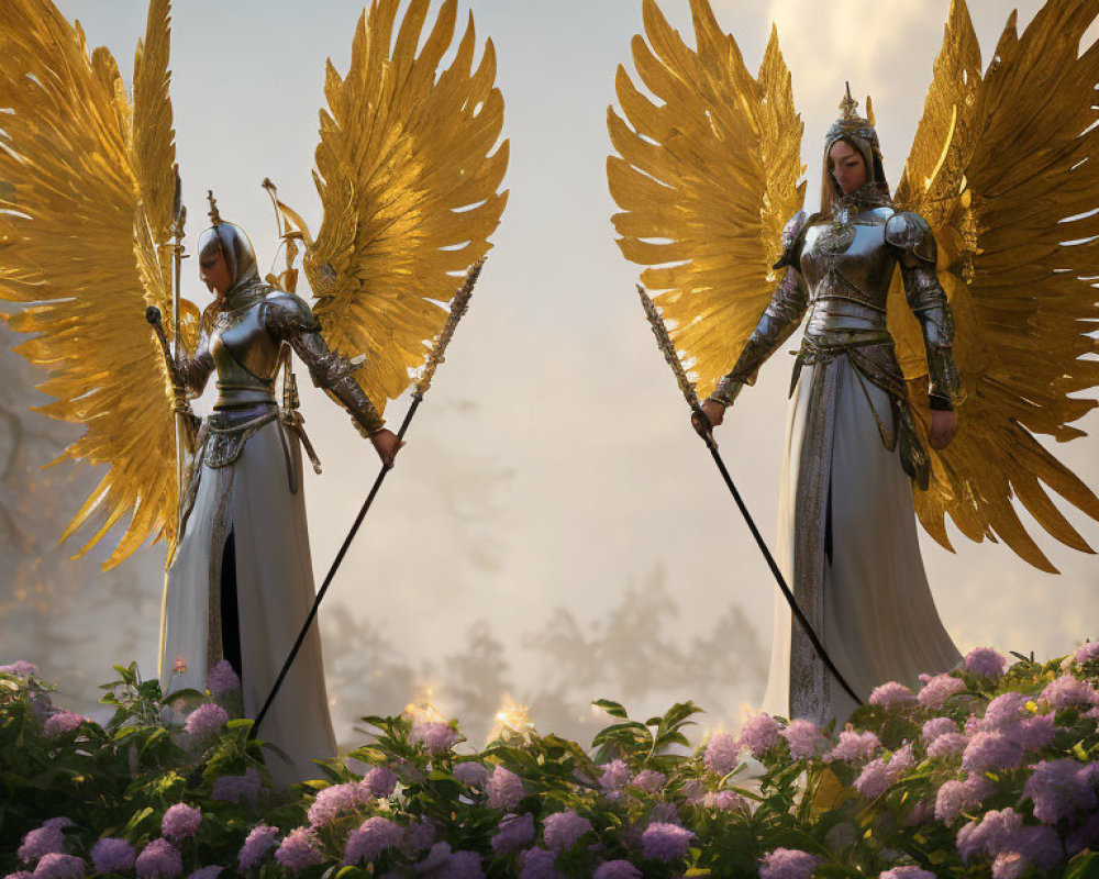 Golden-winged angelic figures in ornate armor among pink flowers in misty forest.