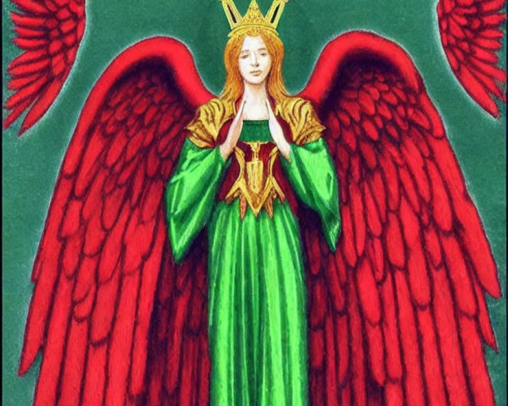 Illustrated angelic figure with red wings and golden crown in prayer on green background