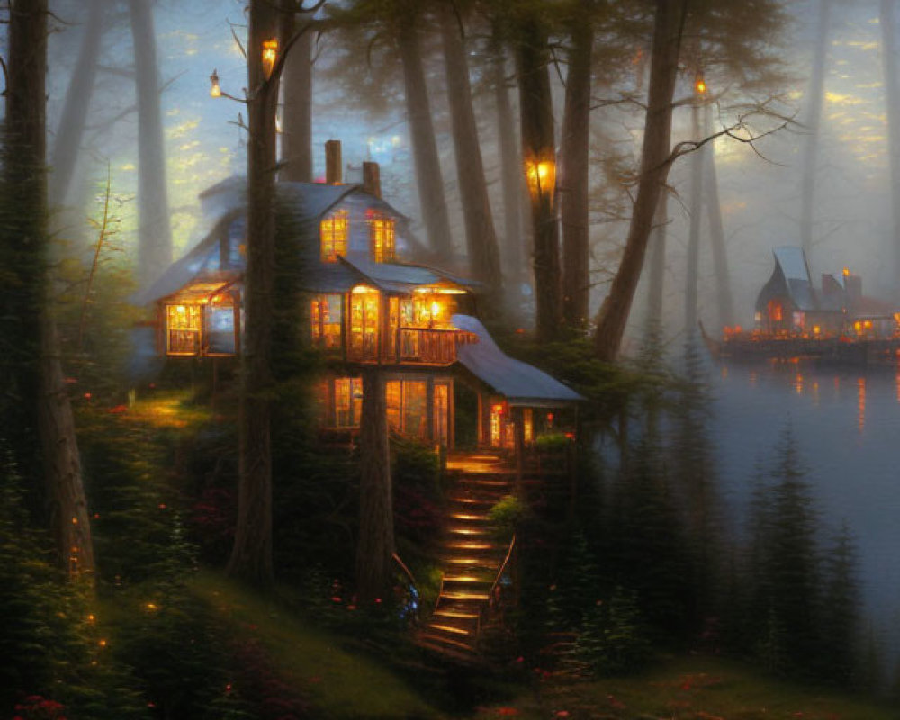 Cozy house in misty forest by serene lake with swan at dusk