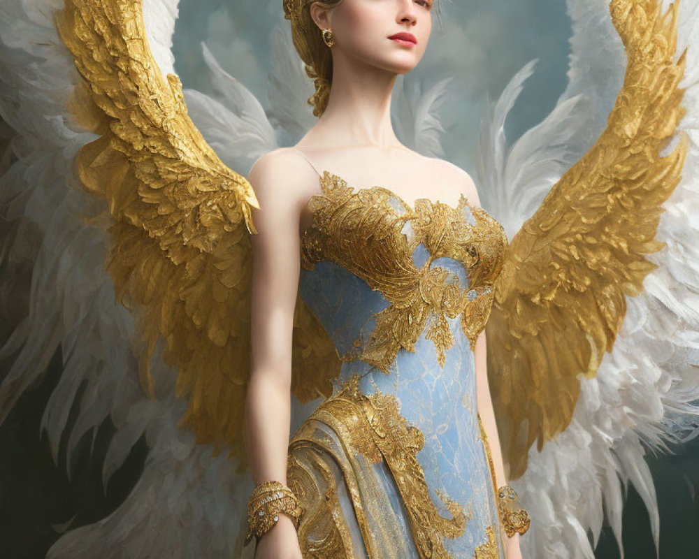 Majestic figure with white wings, golden gown, and crown, exuding elegance