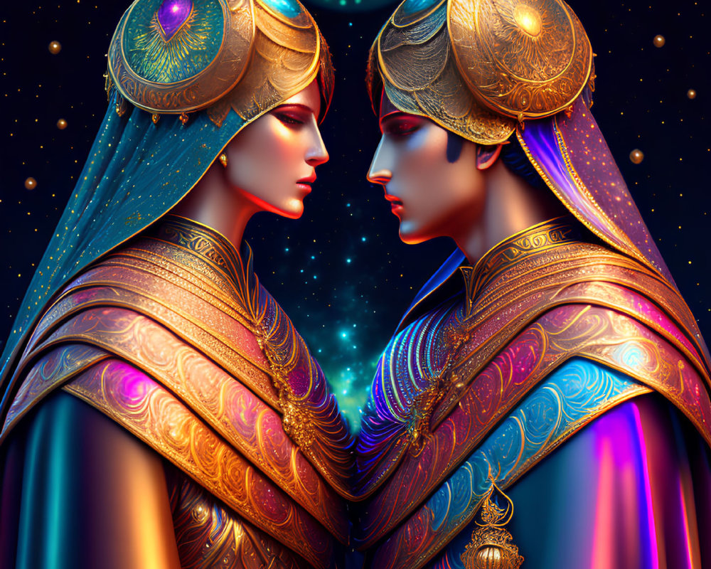 Stylized characters in elaborate headdresses and garments against starry backdrop