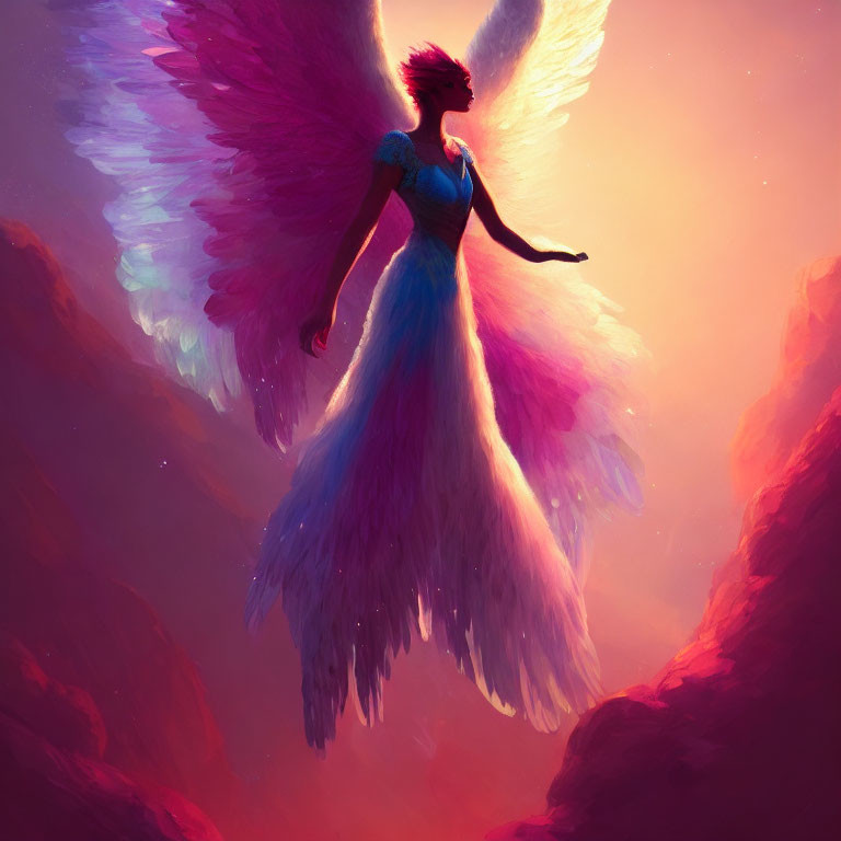 Colorful winged angel flying in warm pink-red sky