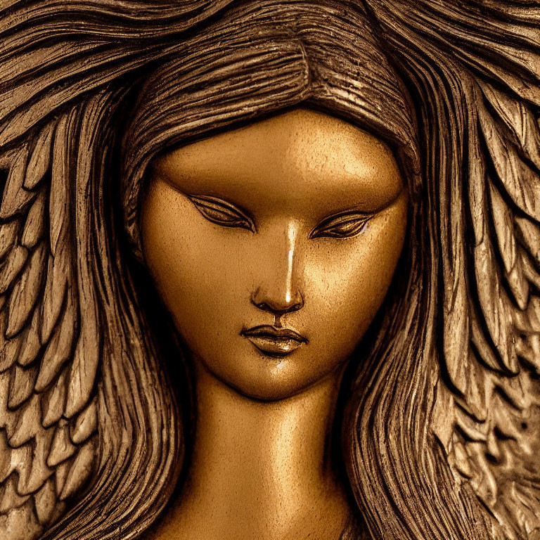 Detailed bronze sculpture of serene angel with closed eyes