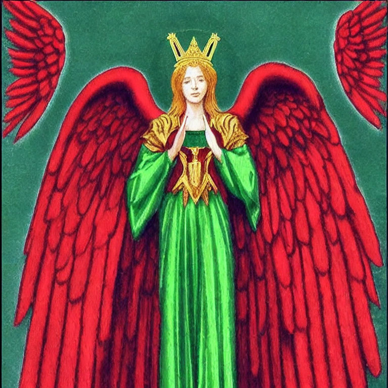 Illustrated angelic figure with red wings and golden crown in prayer on green background