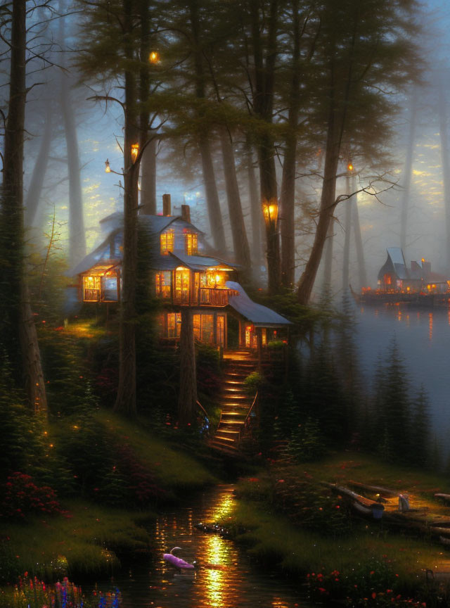 Cozy house in misty forest by serene lake with swan at dusk