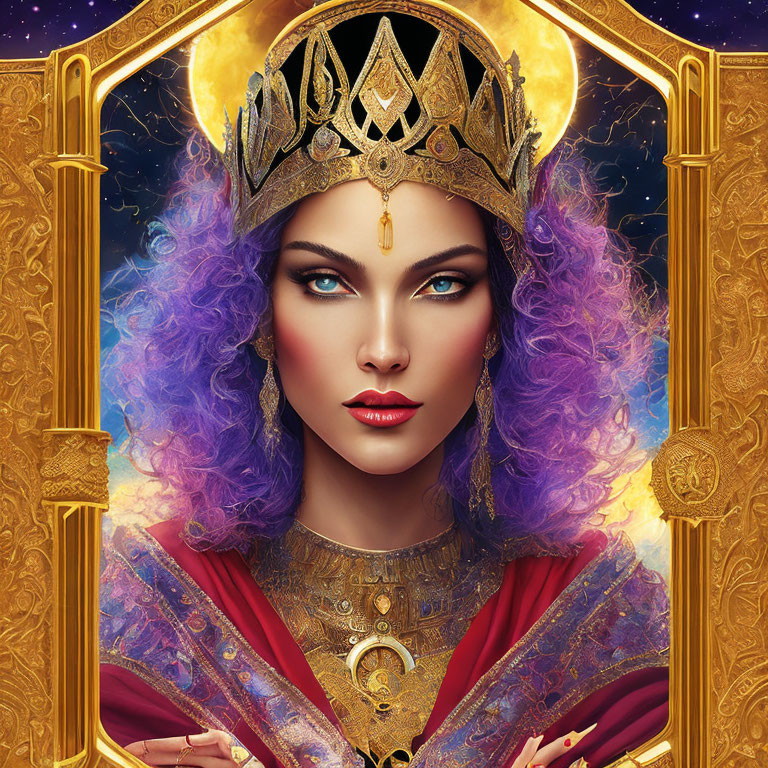 Regal Figure with Golden Crown and Purple Hair on Celestial Background