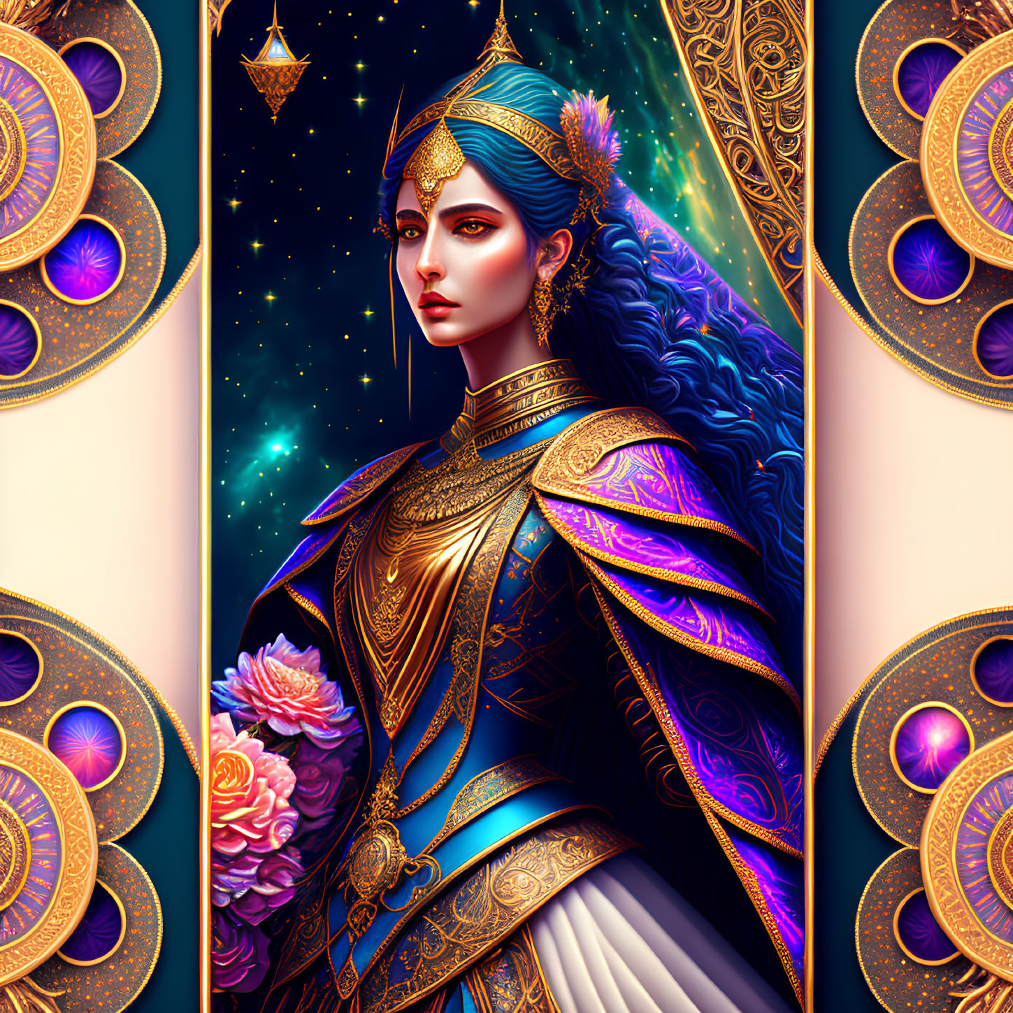 Illustrated female figure in regal blue attire against starry background with ornate purple and gold frame