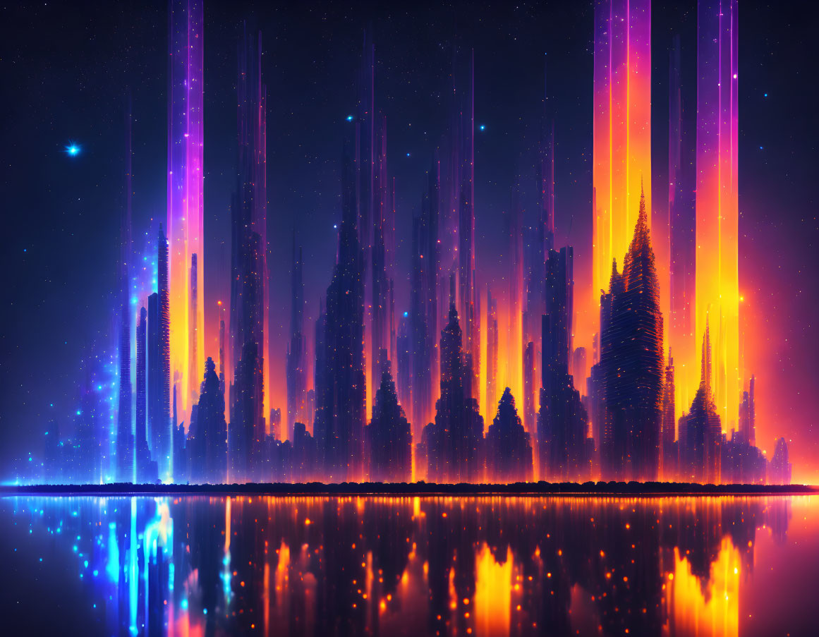 Futuristic digital landscape with neon skyscrapers and colorful aurora lights