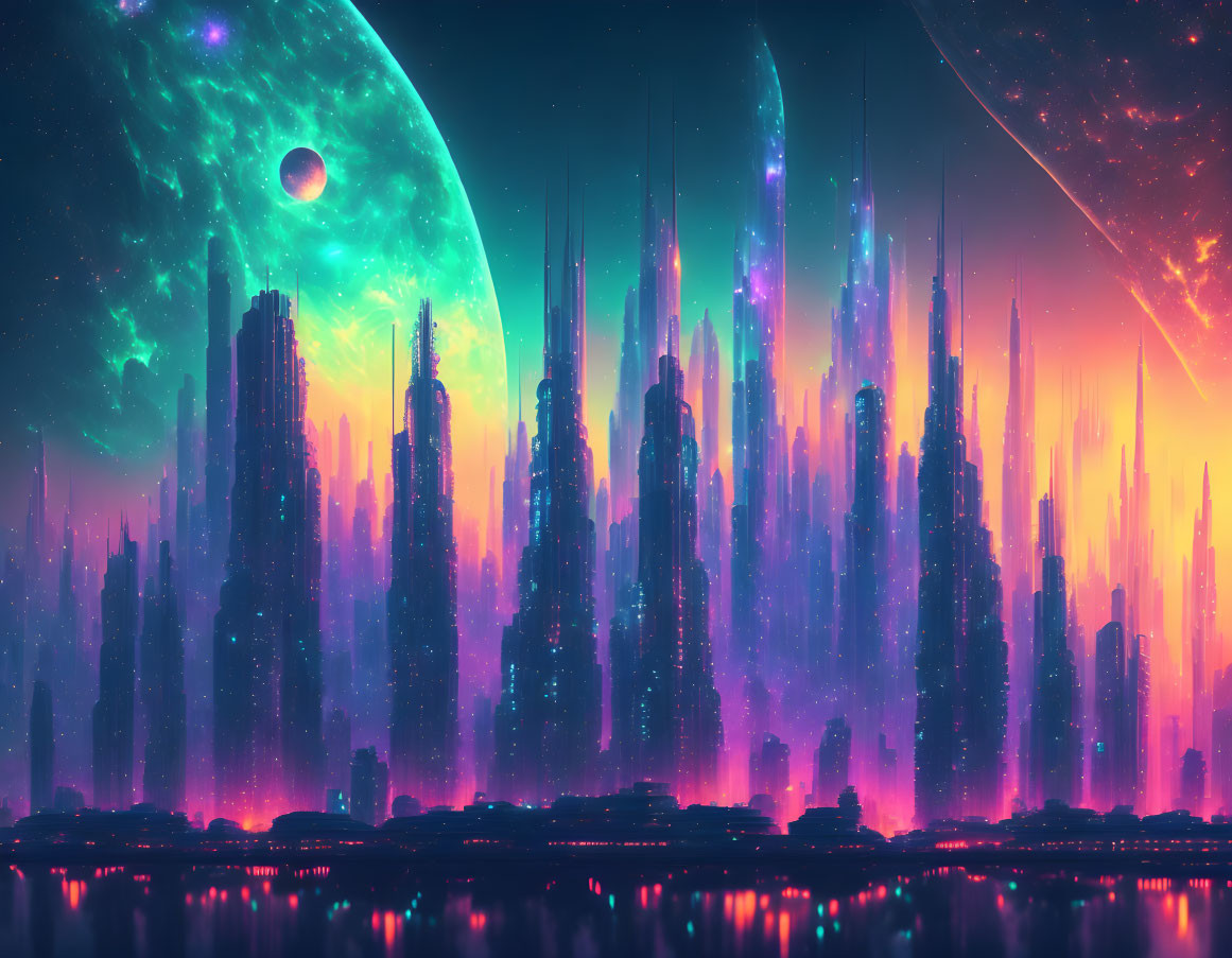 Futuristic city skyline with neon towers and cosmic sky over reflective water