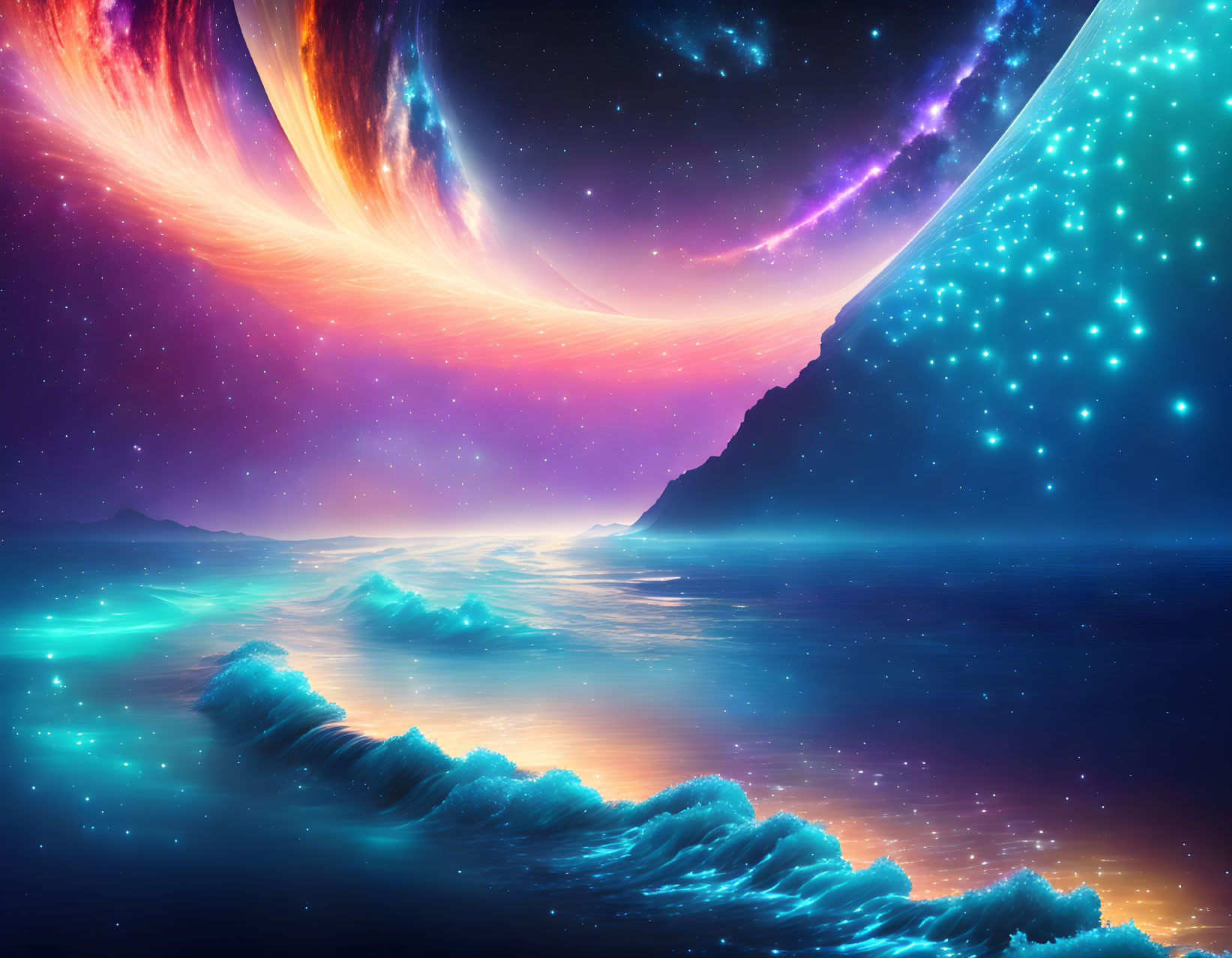 Vibrant cosmic seascape with glowing waves, planet, and nebulae