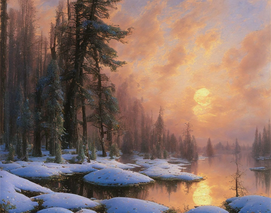 Snowy Winter Sunset Scene: Evergreen Trees, River, Warm Sky