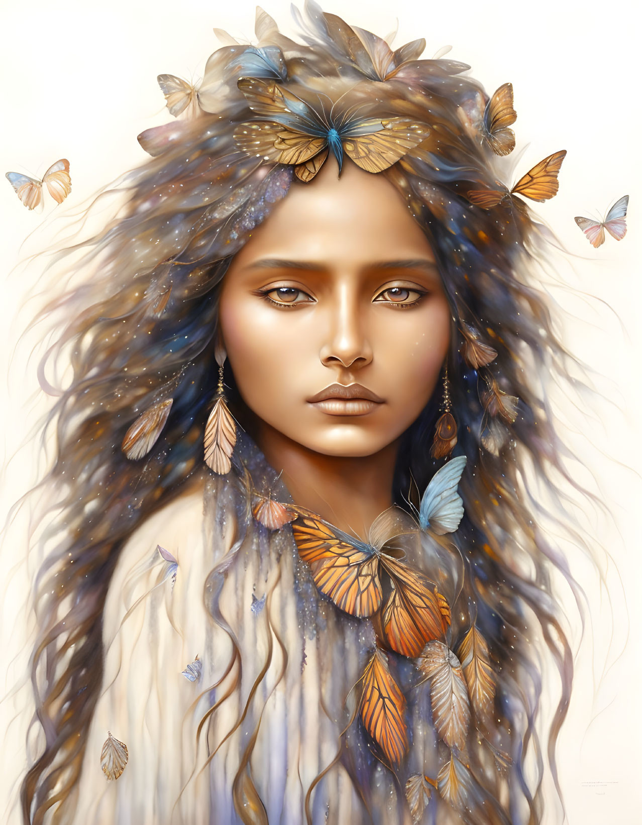 Ethereal portrait of woman with butterflies in star-speckled hair