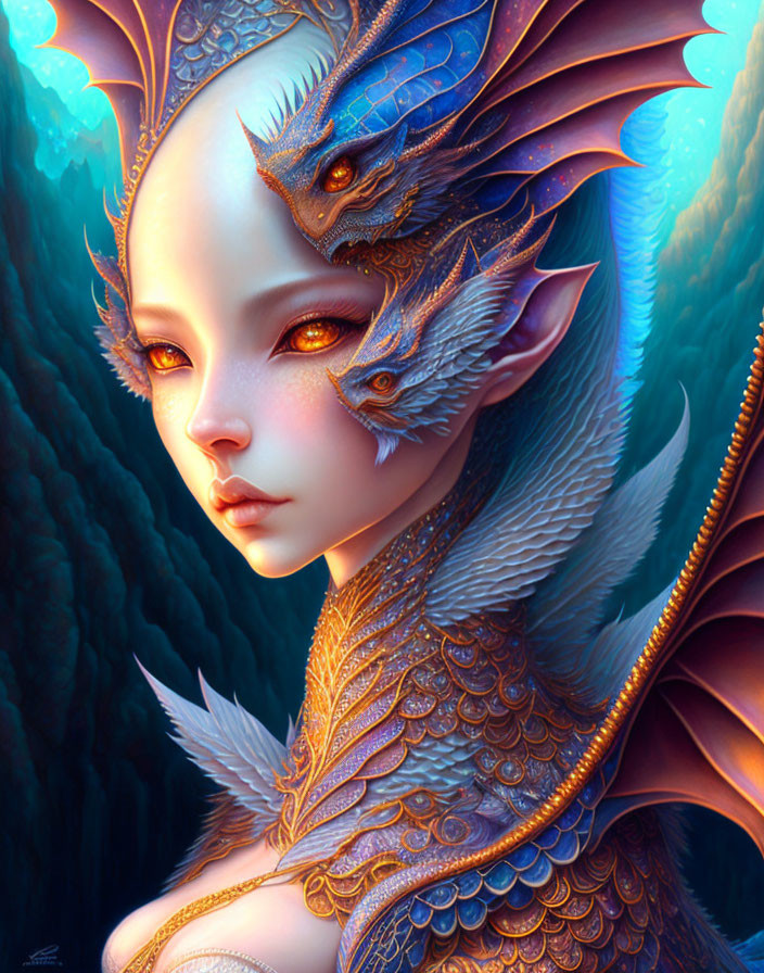 Illustration of female character with dragon-like features in forested setting