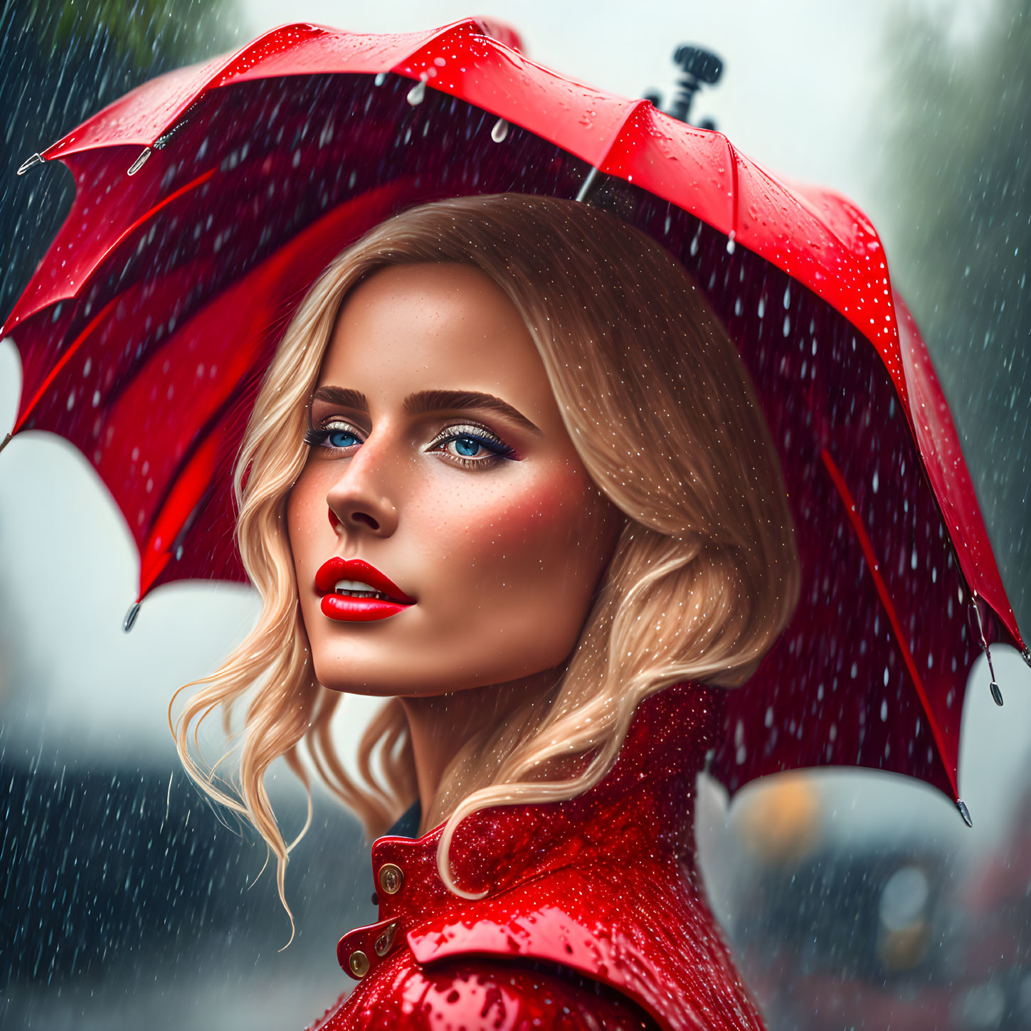 Blonde woman with red umbrella in rain wearing red coat