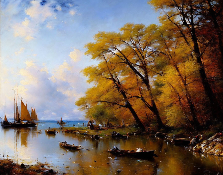 Golden-leaved trees by a serene lake with sailboats and leisurely figures