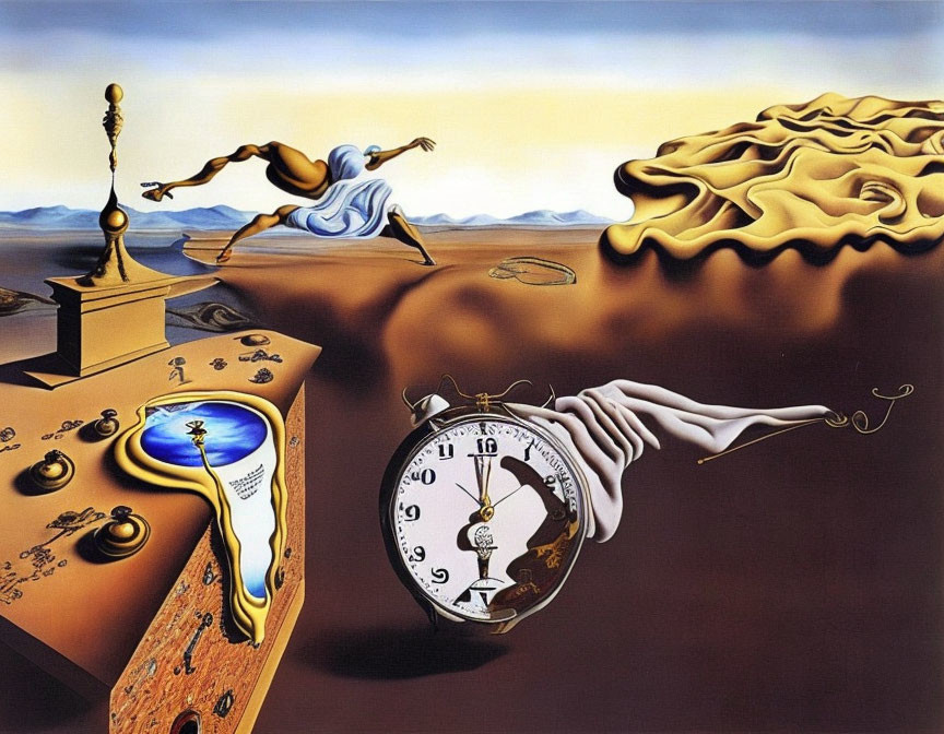 Surreal landscape with melting clocks, barren tree, distorted figure, reflective liquid