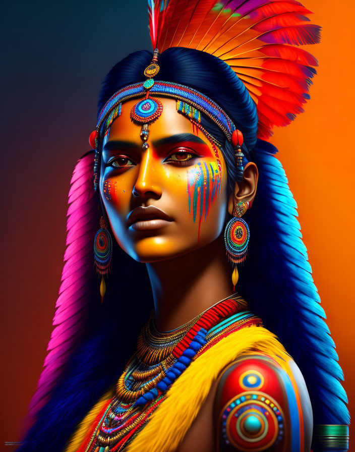 Colorful portrait featuring indigenous-inspired makeup, feathered headdress, and beaded accessories