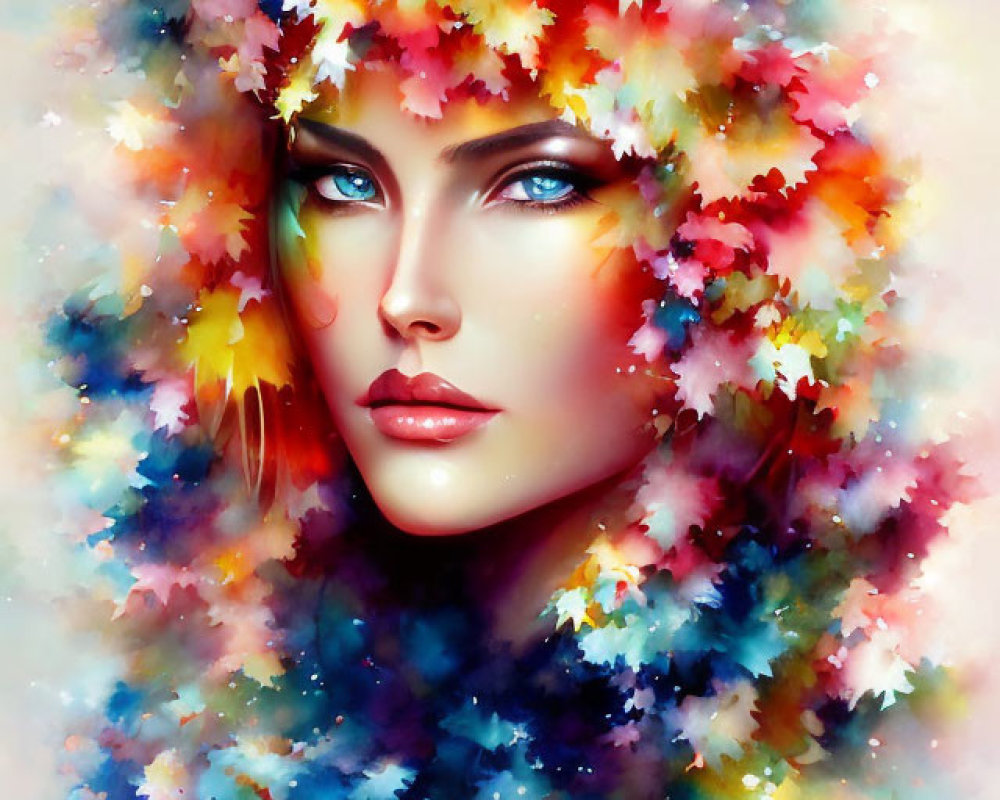 Colorful digital painting: Woman's face with blue eyes in leafy aura