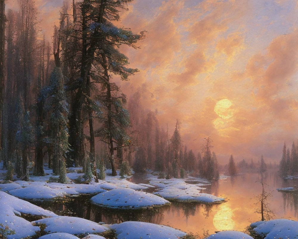 Snowy Winter Sunset Scene: Evergreen Trees, River, Warm Sky