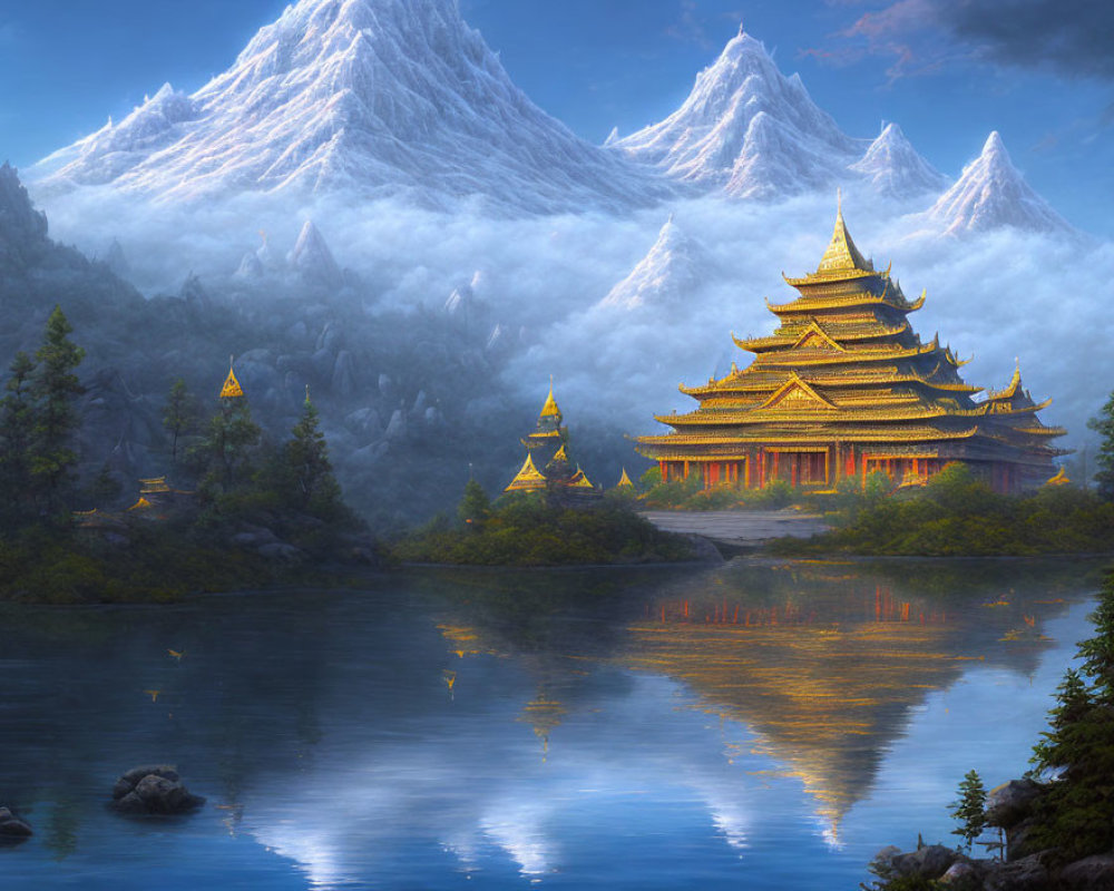 Traditional Asian Temple by Calm Lake with Misty Mountains