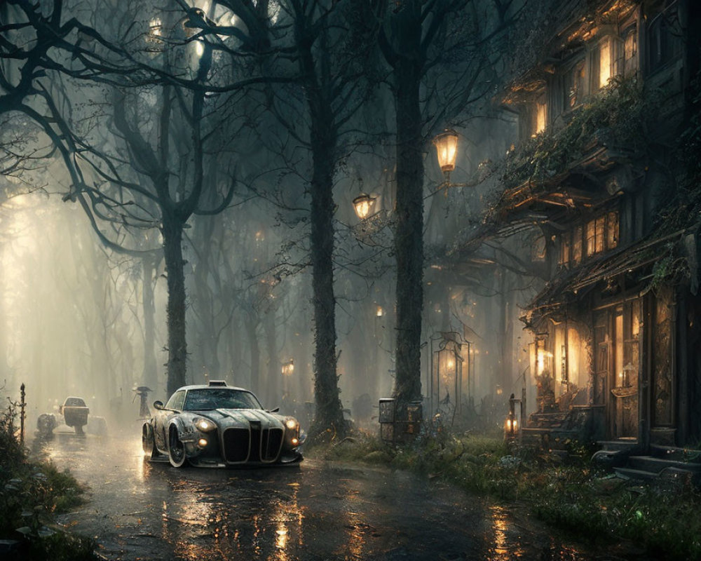 Vintage Car Parked on Wet Cobblestone Road in Foggy Twilight Forest