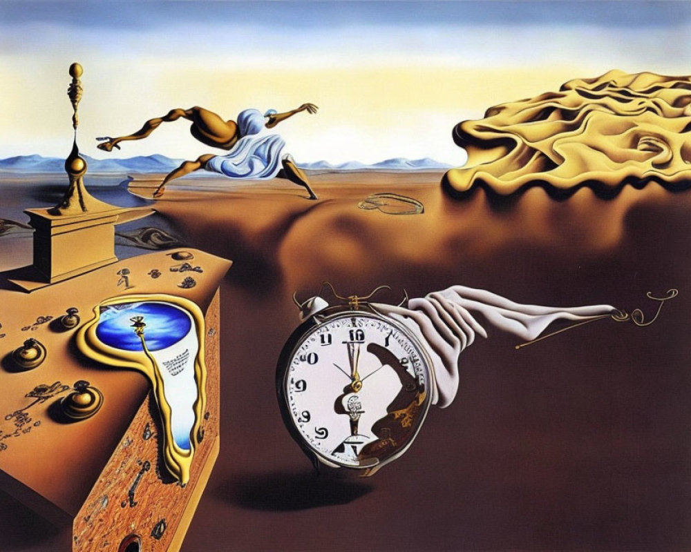 Surreal landscape with melting clocks, barren tree, distorted figure, reflective liquid